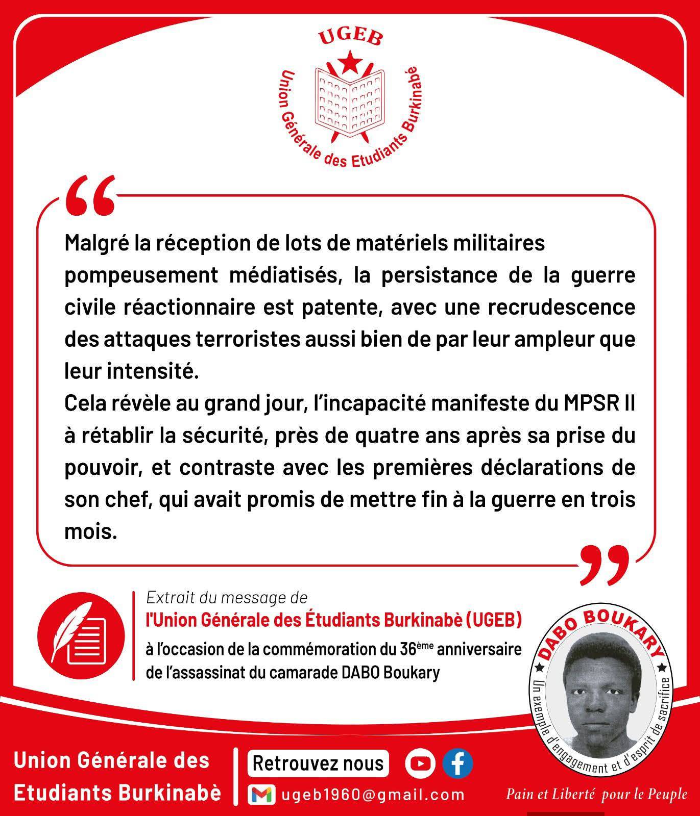 Burkina Faso : l&rsquo;ugEB dénonce l&rsquo;échec de la stratégie sécuritaire du MPSR II