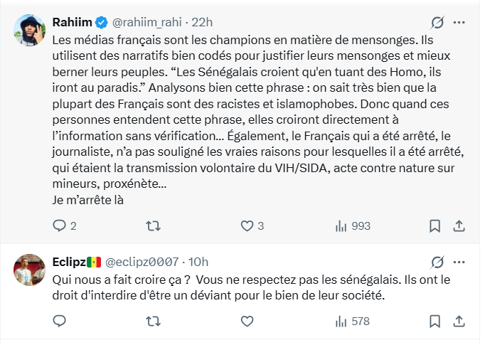 Capture d'écran de réactions sur les réseaux sociaux concernant le reportage