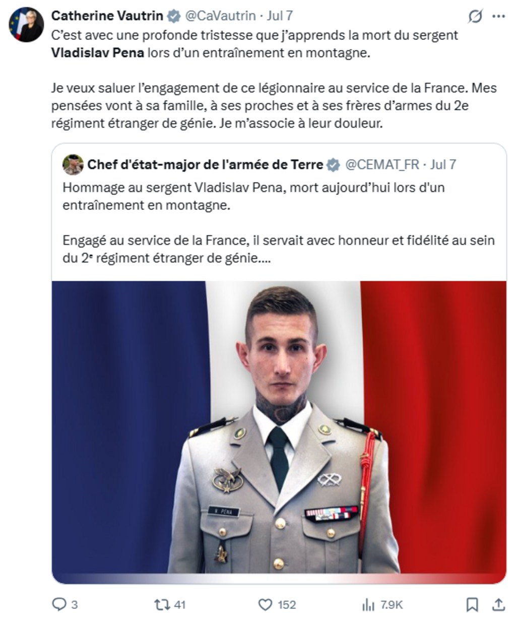 Capture des publications officielles suite au décès du sergent Pena