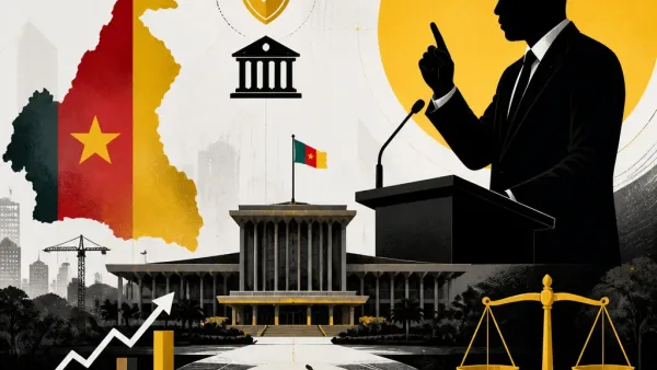 Illustration éditoriale pour Paul Biya en vie et pouvoir stable au Cameroun selon René Sadi